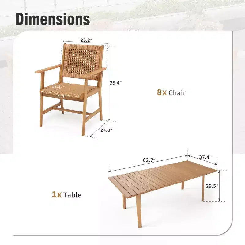 Captiva Designs Outdoor Patio Wood Dining Set with Rattan Chairs & 1 Acacia Wood Rectangular Table