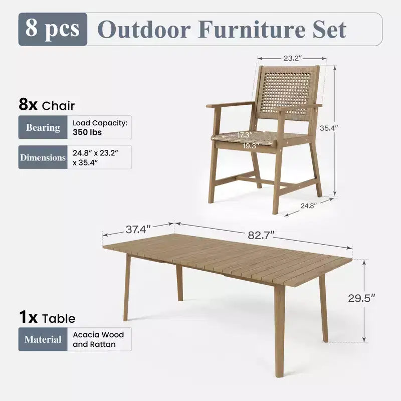 Captiva Designs Outdoor Patio Wood Dining Set with Rattan Chairs & 1 Acacia Wood Rectangular Table
