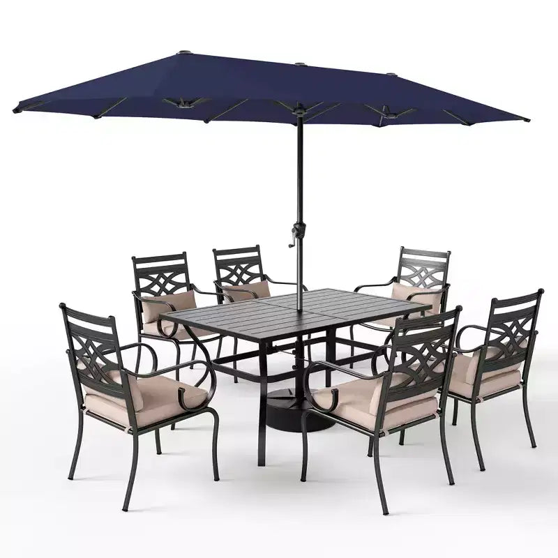 Captiva Designs 8Pc Outdoor Steel Rectangle Dining Table & Cushioned Metal Chairs & Market Umbrella