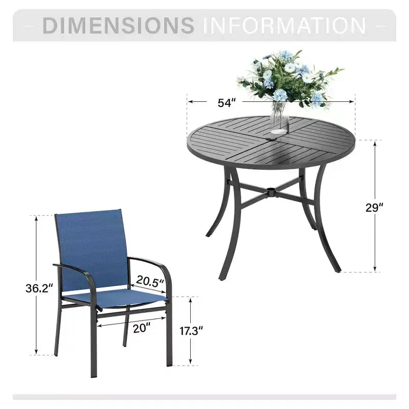Captiva Designs 7pc Black Round Slatted Steel Table with Umbrella Hole & Textilene Chairs