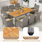 Costway 9 PCS Patio Dining Set for 8 Table and PE Rattan Chairs with 2 Umbrella Hole Navy/White