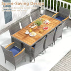 Costway 9 PCS Patio Dining Set for 8 Table and PE Rattan Chairs with 2 Umbrella Hole Navy/White