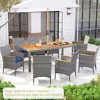Costway 9 PCS Patio Dining Set for 8 Table and PE Rattan Chairs with 2 Umbrella Hole Navy/White