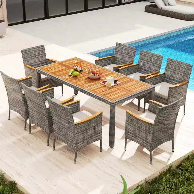 Costway 9 PCS Patio Dining Set for 8 Table and PE Rattan Chairs with 2 Umbrella Hole Navy/White