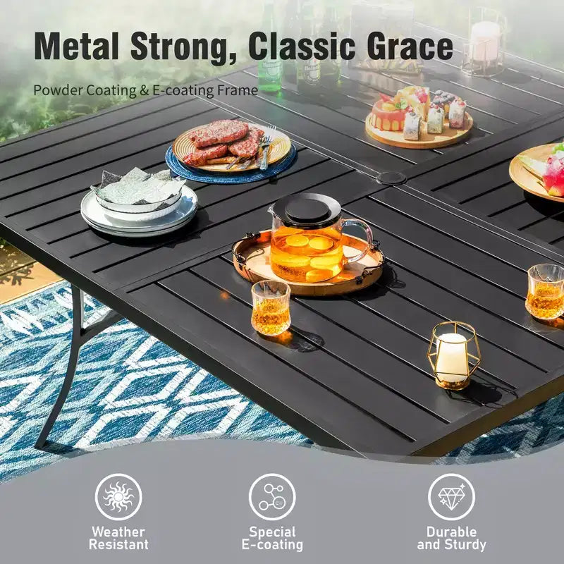 Captiva Designs 9pc Spacious Slat-top Square Metal Table with Umbrella Hole & Reclining Foldable Sling Chairs