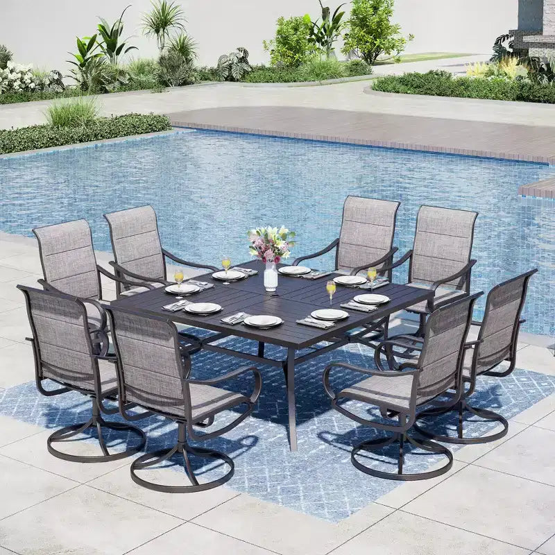 Captiva Designs 9pc Spacious Slat-top Square Metal Table with Umbrella Hole & Padded Textilene Swivel Chairs