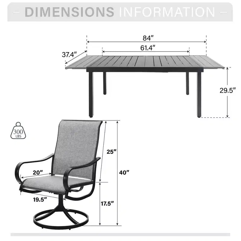 Captiva Designs 9pc Patio Dining Set with Slat-top Adjustable Steel Rectangle Table & Textilene Swivel Chairs