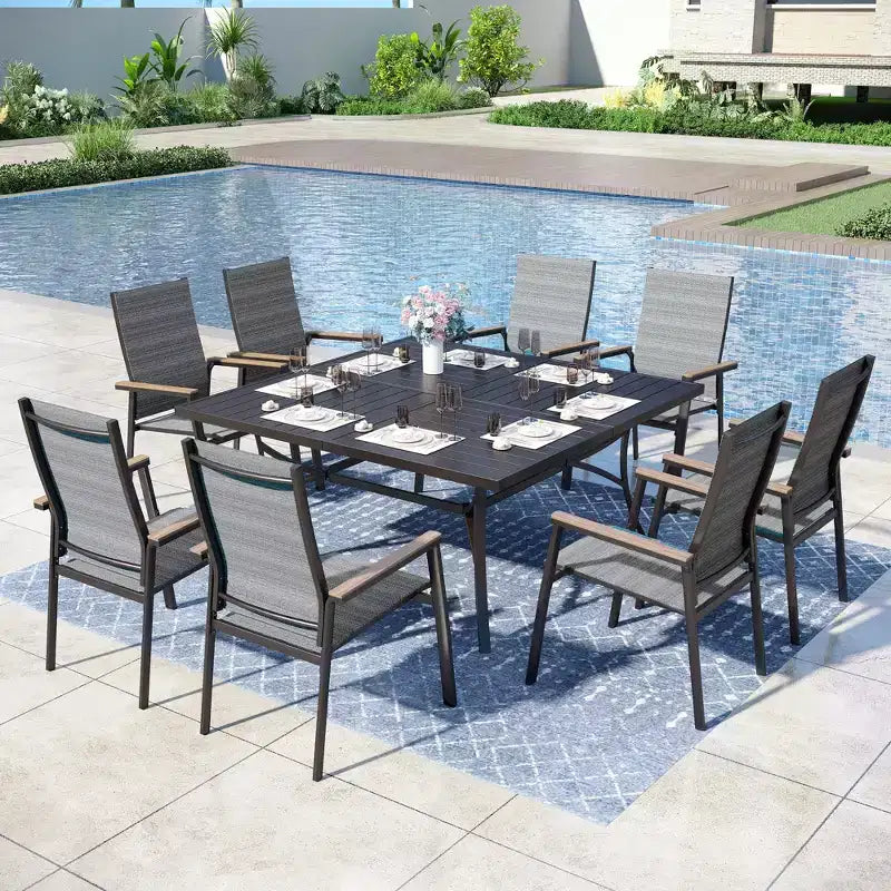 Captiva Designs 9pc Patio Slat-top Square Metal Dining Table & Stackable Textilene Aluminum Chairs
