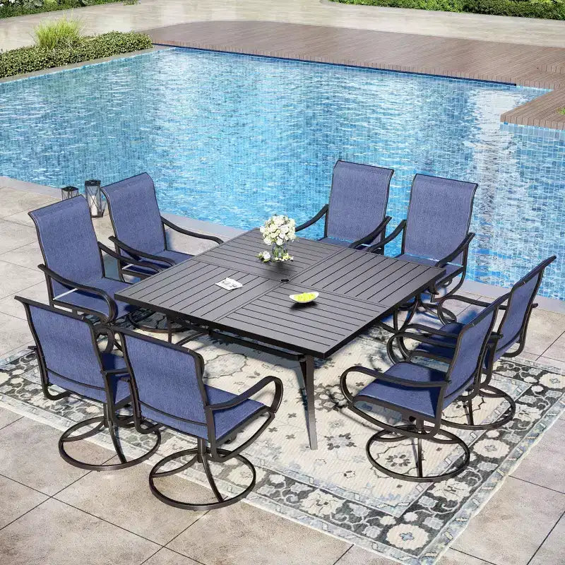 Captiva Designs 9pc Spacious Slat-top Square Metal Table with Umbrella Hole & Textilene Swivel Chairs