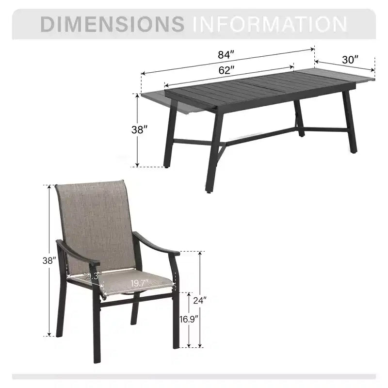 Captiva Designs Ensemble repas de jardin 9 pièces : table rectangulaire en acier noir et chaises fixes en textilène marron