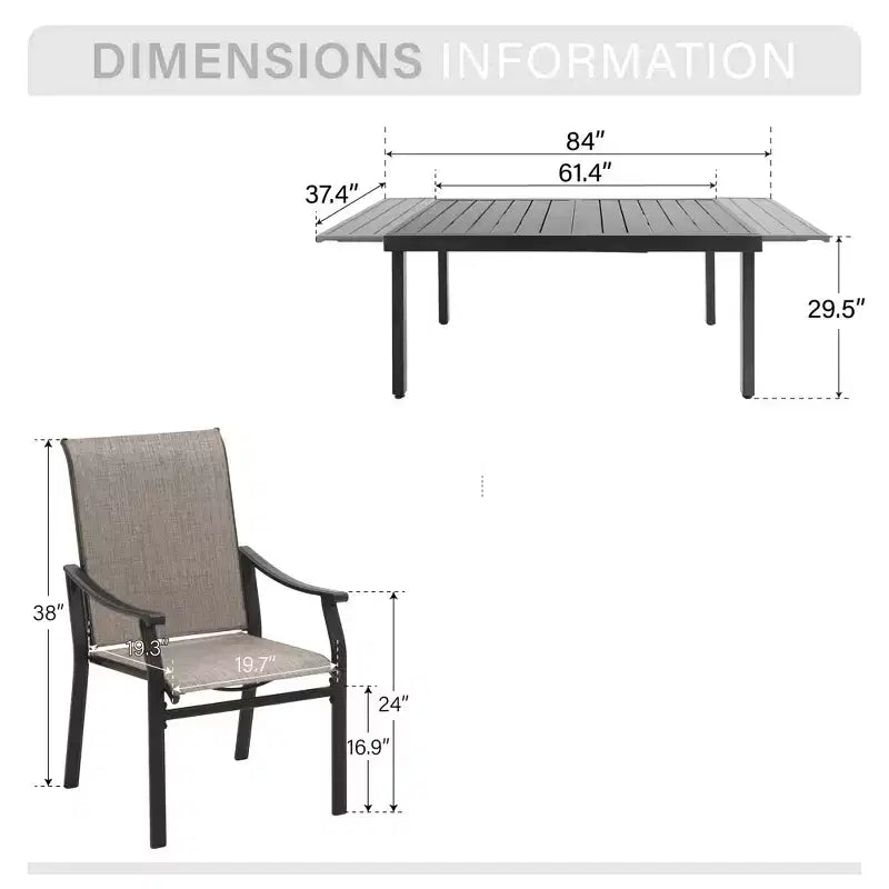 Captiva Designs Ensemble repas de jardin 9 pièces : table rectangulaire en acier noir et chaises fixes en textilène marron