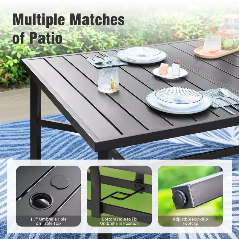 Captiva Designs Ensemble repas de jardin 9 pièces : table rectangulaire en acier noir et chaises fixes en textilène marron