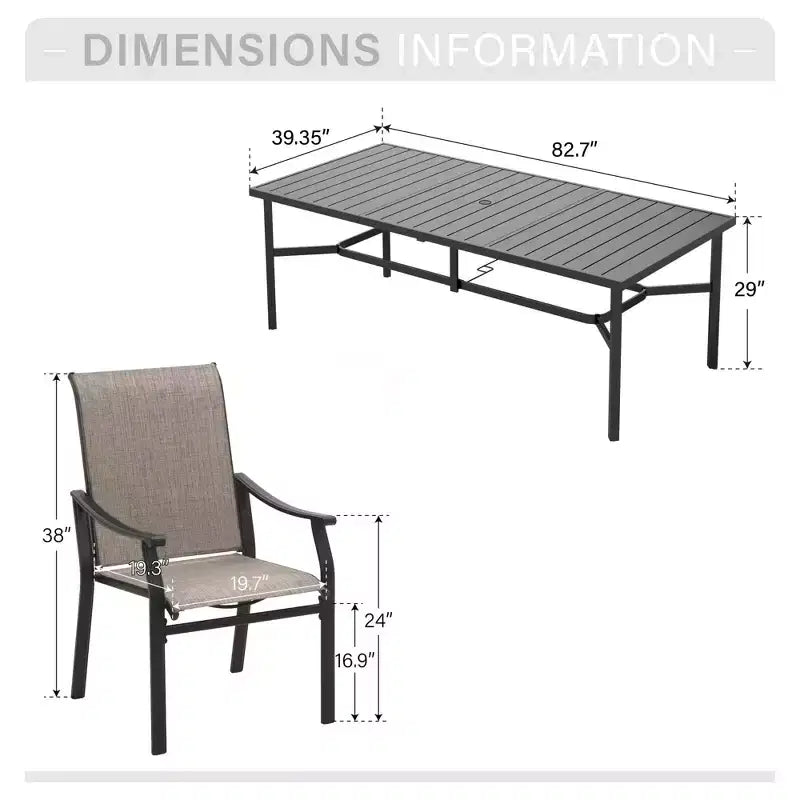 Captiva Designs Ensemble repas de jardin 9 pièces : table rectangulaire en acier noir et chaises fixes en textilène marron