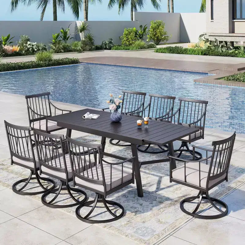 Captiva Designs 9pc Patio Slat-top Adjustable Steel Rectangle Table & Stylish Arm Chairs with Cushions
