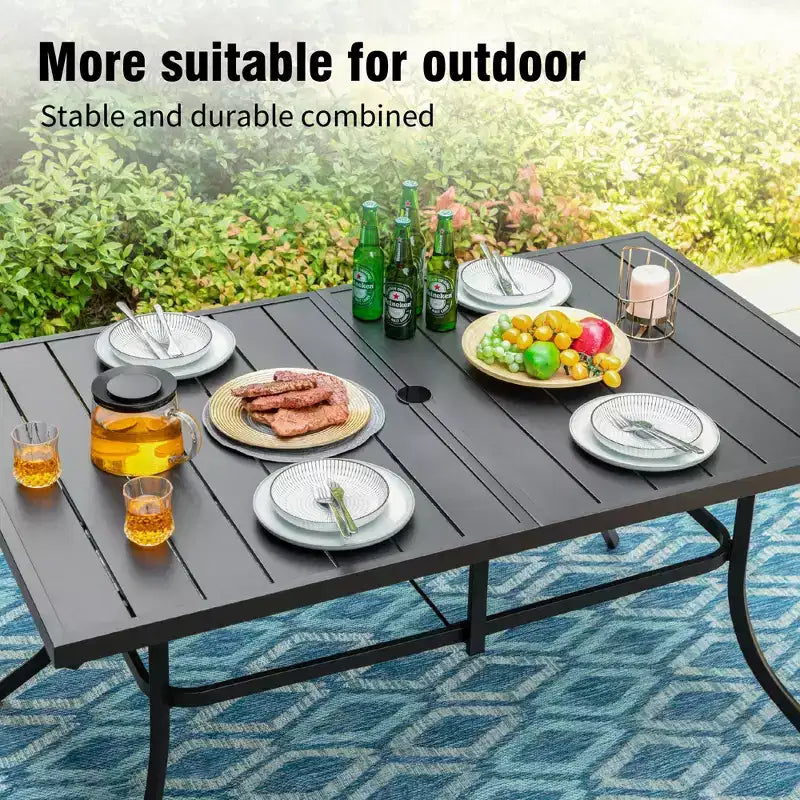 Captiva Desighttps 8pc Patio Dining Slat-top Rectangular Steel Table & Padded Sling Swivel Chairs & Market Umbrella