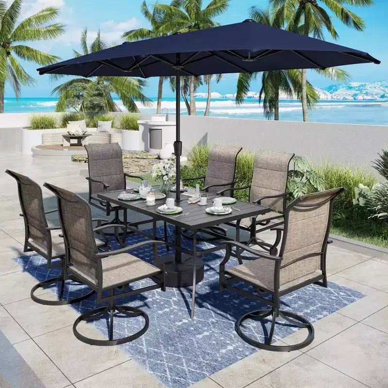 Captiva Desighttps 8pc Patio Dining Slat-top Rectangular Steel Table & Padded Sling Swivel Chairs & Market Umbrella