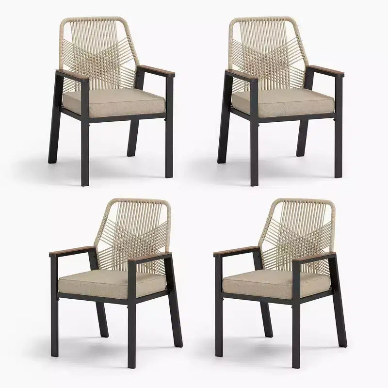 Captiva Designs 7pc Patio Dining Slat-top Steel Table & Beige Rattan Chairs with Cushions