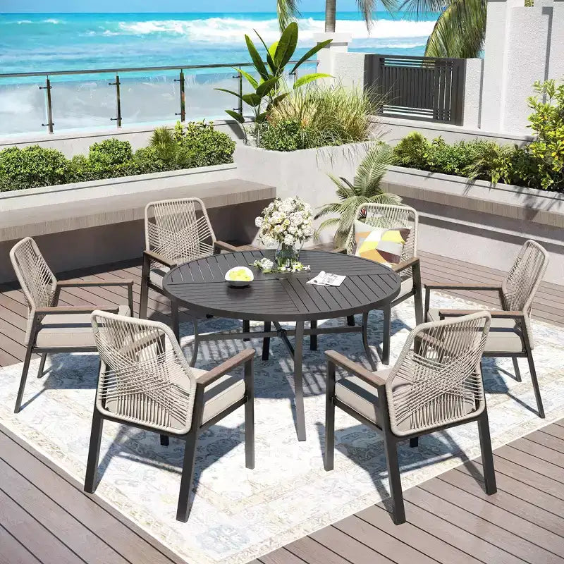 Captiva Designs 7pc Patio Dining Slat-top Steel Table & Beige Rattan Chairs with Cushions