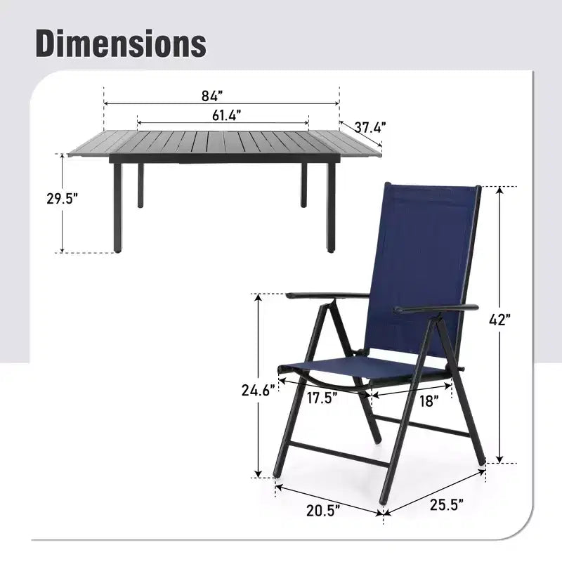 Captiva Designs 9pc Patio Dining Set with Slat-top Adjustable Steel Rectangle Table & Sling Foldable Chair