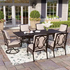 Captiva Designs 7pc Patio Dining Set with Slat-top Rectangle Table & Rattan Metal Fixed Chairs & Swivel Arm Chairs