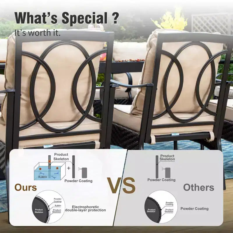 Captiva Designs 7pc Patio Dining Set with Slat-top Rectangle Table & Rattan Metal Fixed Chairs & Swivel Arm Chairs