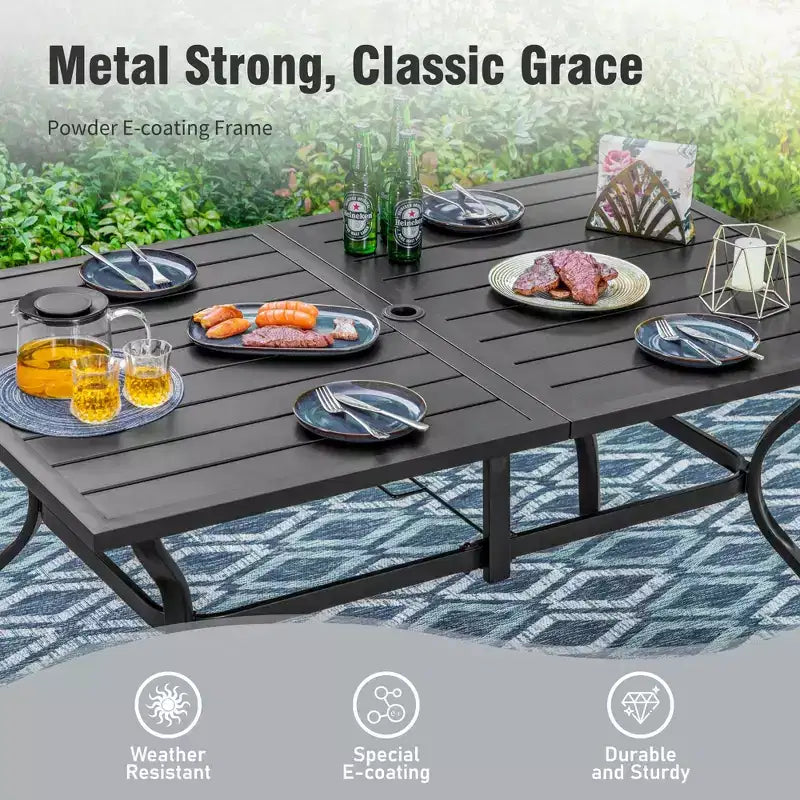 Captiva Designs 7pc Patio Dining Set with Slat-top Rectangle Table & Sling Fixed Chairs