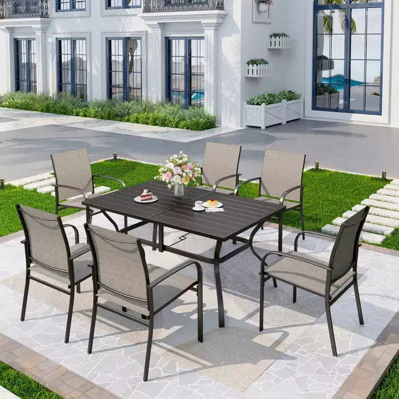 Captiva Designs 7pc Patio Dining Set with Slat-top Rectangle Table & Sling Fixed Chairs
