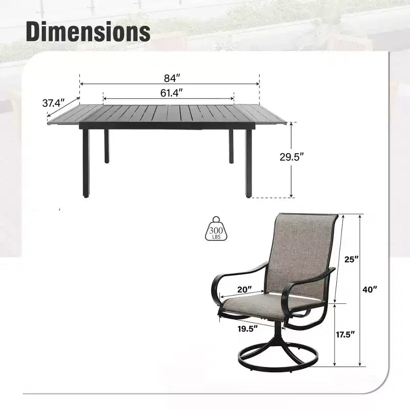 Captiva Designs 7pc Outdoor Patio Slat-top Rectangle Steel Dining Table & Grayish Brown Sling Swivel Chairs