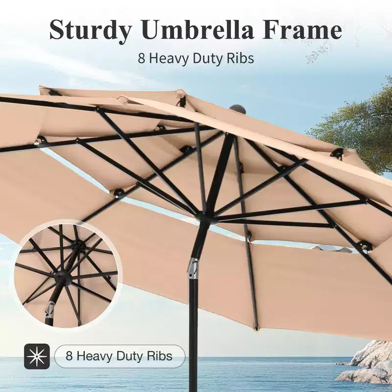 Captiva Designs 6pc Patio Square Table & Fusiform Back Metal Chairs & Beige Umbrella