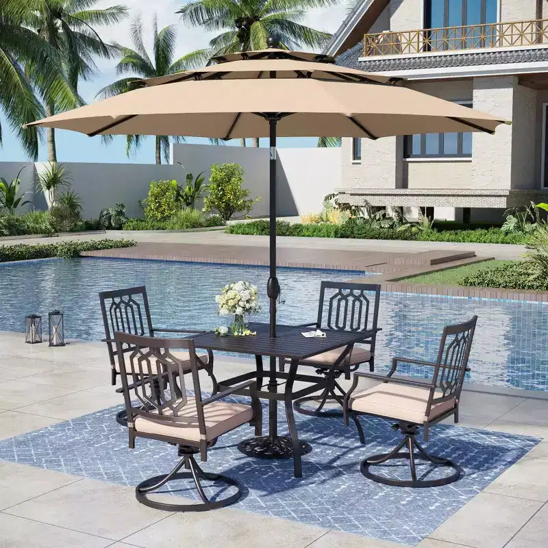 Captiva Designs 6pc Patio Square Table & Fusiform Back Metal Chairs & Beige Umbrella