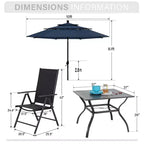Captiva Designs 6pc Patio Slat-top Square Table & Textilene Reclining Foldable Chairs & Market Umbrella