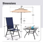 Captiva Designs 6pc Patio Slat-top Square Table & Textilene Reclining Foldable Chairs & Market Umbrella