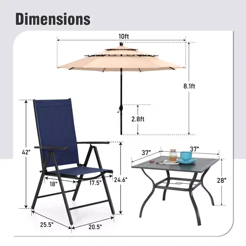 Captiva Designs – Ensemble de 6 pièces : Table carrée à lattes, chaises pliantes inclinables en textilène et parasol de marché