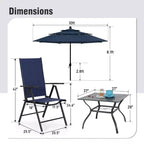 Captiva Designs 6pc Patio Slat-top Square Table & Textilene Reclining Foldable Chairs & Market Umbrella