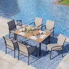 Captiva Designs 7pc Outdoor Patio Wood-look Slatted Top Steel Dining Table & Sling Fixed Chairs