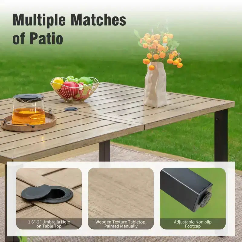 Captiva Designs 7pc Patio Slatted Top Steel Dining Table with Umbrella Hole & Cushioned Armrest Rattan Chairs