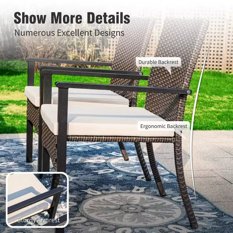 Captiva Designs 7pc Patio Slatted Top Steel Dining Table with Umbrella Hole & Cushioned Armrest Rattan Chairs