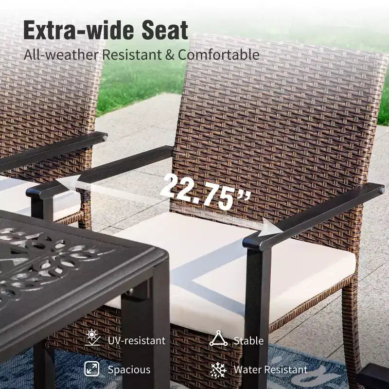 Captiva Designs 7pc Patio Slatted Top Steel Dining Table with Umbrella Hole & Cushioned Armrest Rattan Chairs