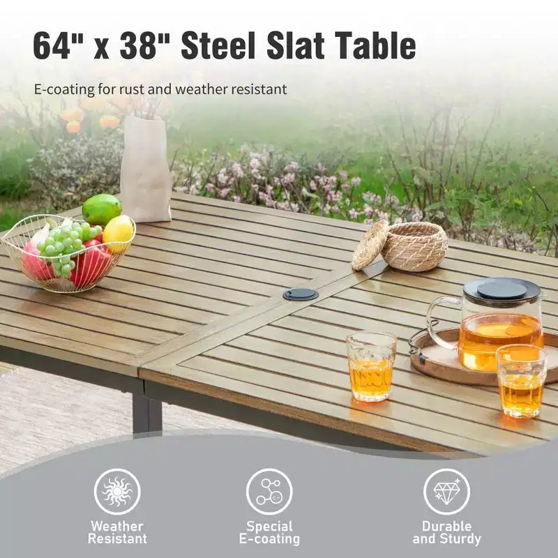 Captiva Designs 7pc Patio Wood-look Steel Dining Table with Umbrella Hole & Stackable Chairs with Bull's Eye Pattern