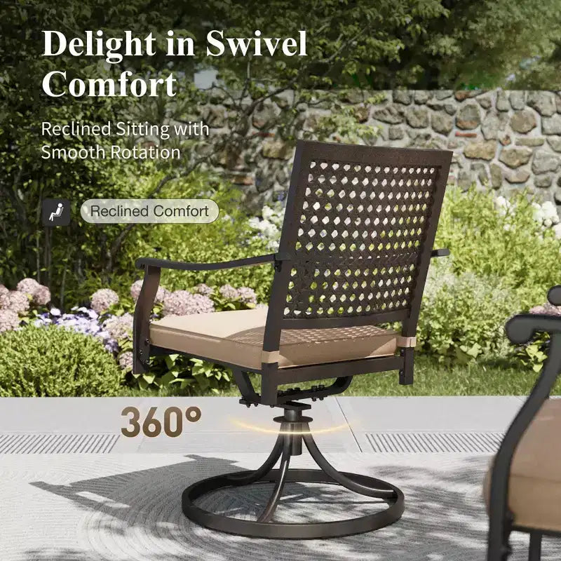 Captiva Designs 7pc Patio Wood-look Steel Dining Table with Umbrella Hole & Stackable Chairs with Bull's Eye Pattern
