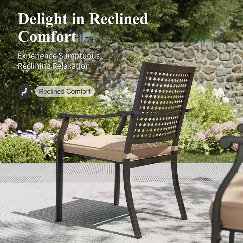 Captiva Designs 7pc Patio Wood-look Steel Dining Table with Umbrella Hole & Stackable Chairs with Bull's Eye Pattern
