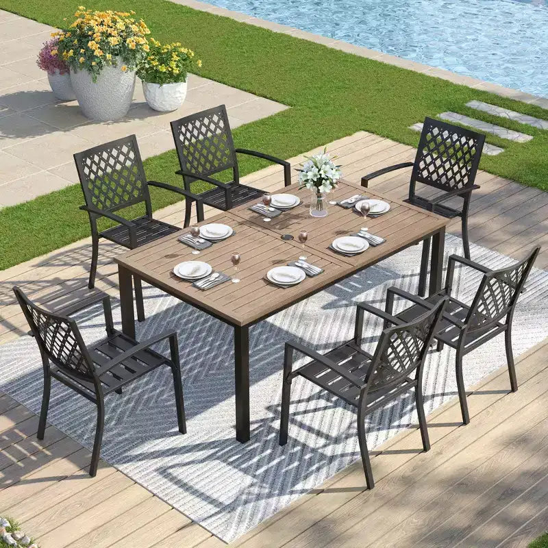 Captiva Designs 7pc Patio Dining Driftwood Finished Rectangle Steel Table & Metal Arm Chairs