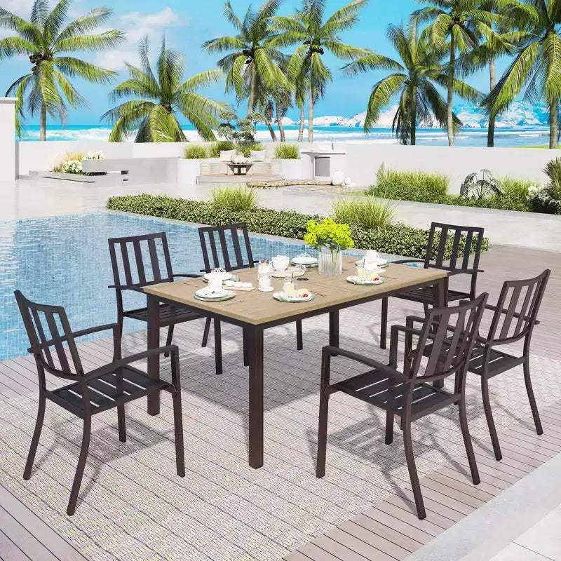 Captiva Designs 7pc Patio Dining Driftwood Finished Rectangle Steel Table & Metal Arm Chairs