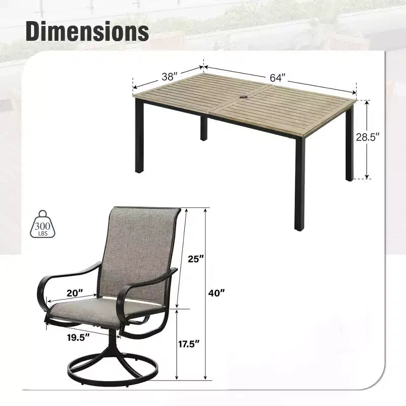 Captiva Designs – Ensemble de salle à manger d'extérieur 7 pièces avec table rectangulaire en métal et chaises pivotantes en textilène marron-gris