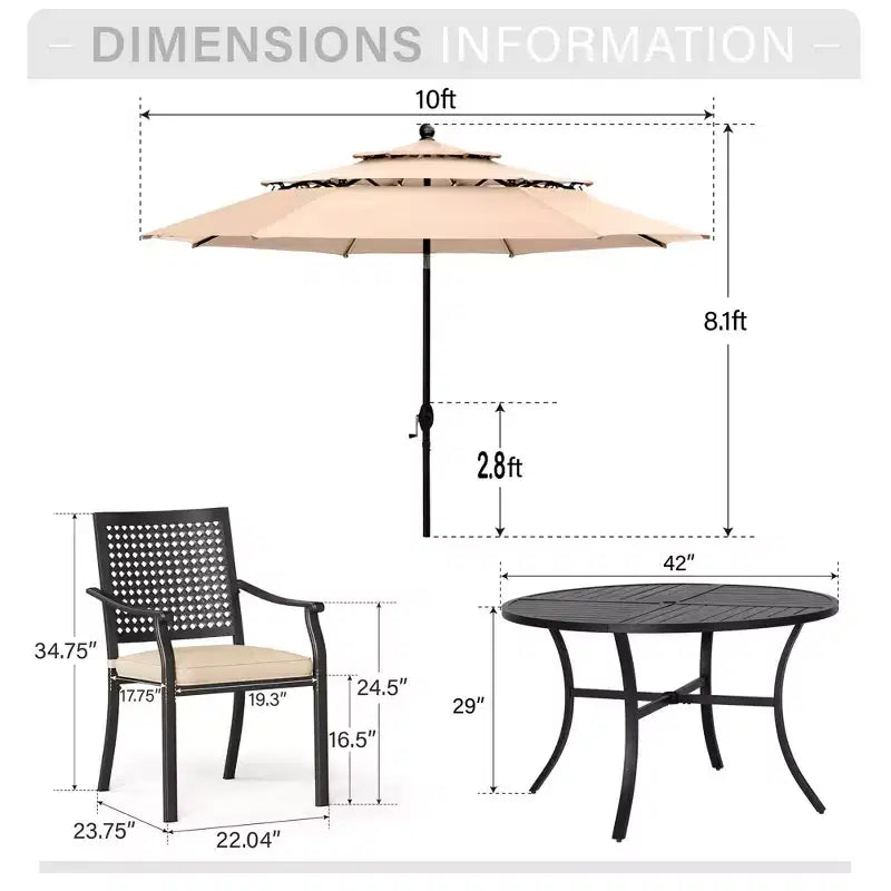 Captiva Designs 6pc Outdoor Slat-top Round Metal Dining Table & Cushioned Metal Chairs & Market Umbrella