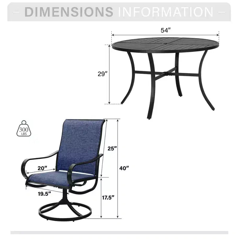 Captiva Designs 7pc Black Round Slatted Steel Table with Umbrella Hole & Textilene Swivel Chairs