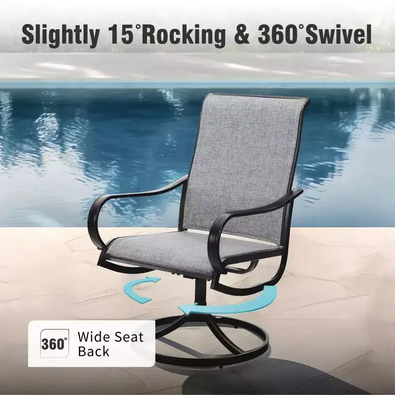 Captiva Designs 7pc Black Round Slatted Steel Table with Umbrella Hole & Textilene Swivel Chairs