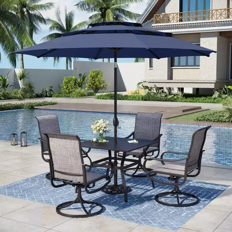 Captiva Designs 6pc Patio Square Steel Dining Table & Sling Swivel Chairs & Market Umbrella