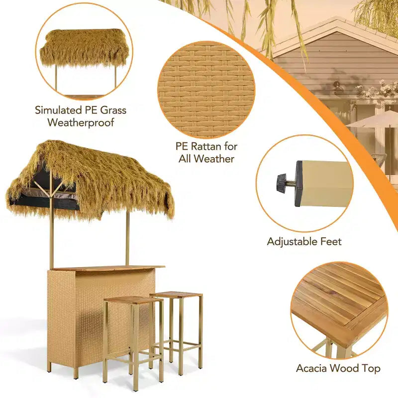 3pcs Patio Bar Set, Outdoor Bar Height Table and Stools with Canopy, Adjustable Feet, Wood Tabletop for Dining and Drinking, Natural -ModernLuxe