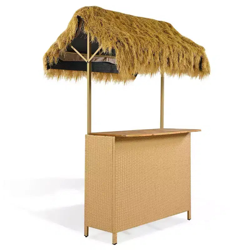 3pcs Patio Bar Set, Outdoor Bar Height Table and Stools with Canopy, Adjustable Feet, Wood Tabletop for Dining and Drinking, Natural -ModernLuxe